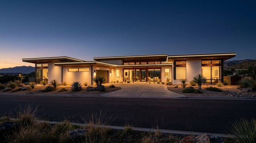 Modern home with warm white permanent lighting along the eaves.