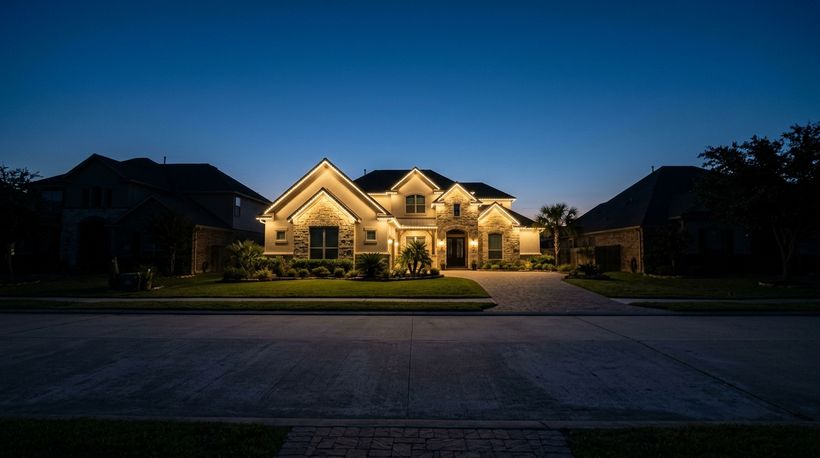 A lit roofline beside an unlit one, showing the difference at night.