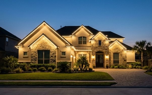 Single-storey stone home with warm white bulbs following every gable and eave.