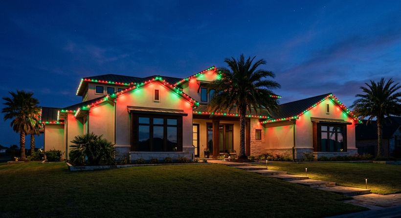 A home's roofline lit in holiday red and green.