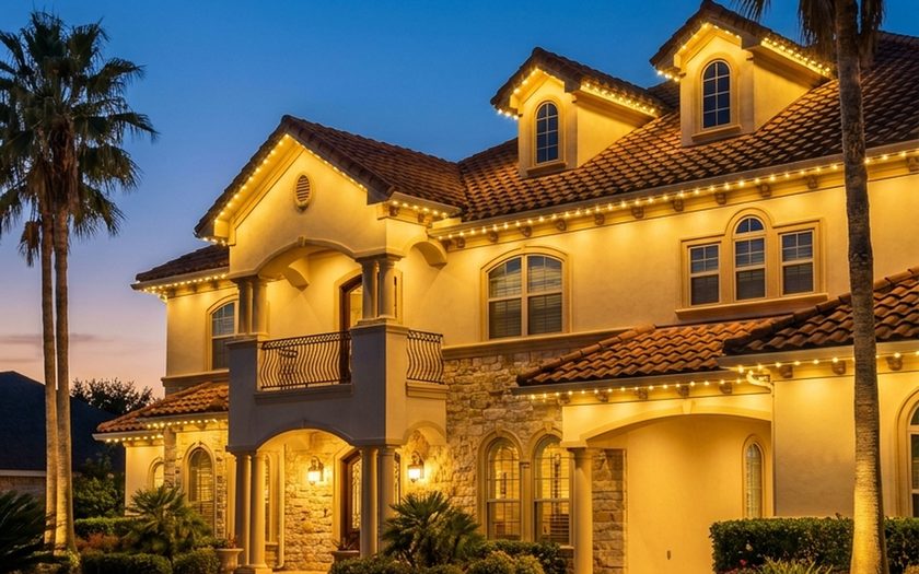Mediterranean tile-roofed home with warm white bulbs running unbroken along every tier of roofline.